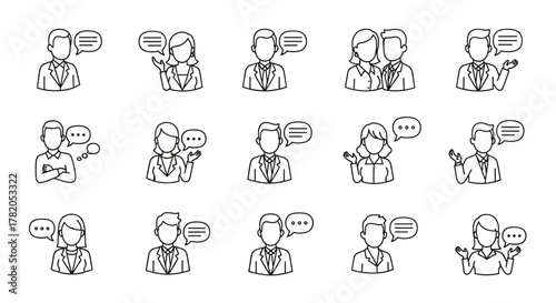 Collection of outline vector illustrations depicting faceless business people engaged in conversation, with speech bubbles indicating dialogue, suitable for graphic and web design projects on a clean