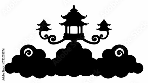 Elegant silhouette of Japanese pagoda floating above graceful clouds, serene Asian architecture design