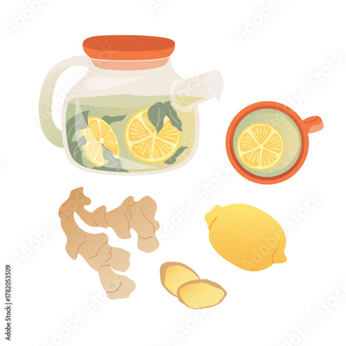 Hot tea with lemon, ginger and mint in transparent glass teapot Warm cozy drink for winter days, full of aroma and comfort Vector illustration for menu design, tea branding, healthy drink projects