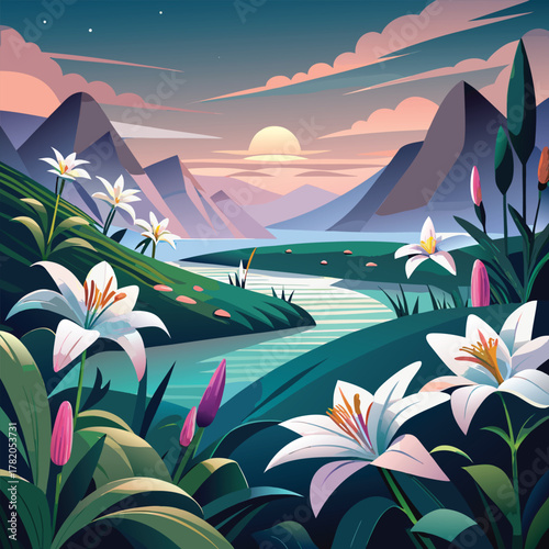Sunset Mountain Landscape with River and Blooming Lilies