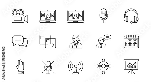 Collection of thin line icons representing video conferencing, online meetings, and virtual communication, presented on a clean white background. This set includes essential elements for remote