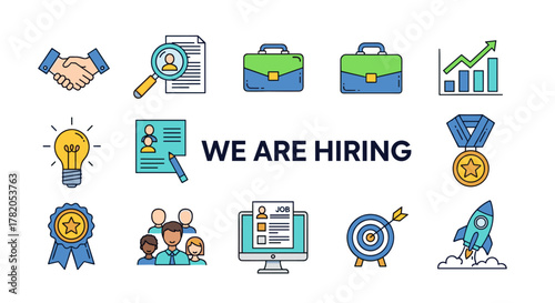 Vivid vector cartoon illustration set for recruitment and hiring, featuring a handshake, magnifying glass over document, briefcases, growth chart, lightbulb idea, candidate list, 'WE ARE HIRING'