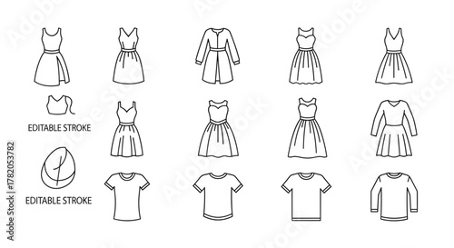 Collection of simple linear outline icons representing various dresses, t-shirts, and a coat, suitable for web, books, and apps, featuring editable strokes and a clean, modern aesthetic for fashion