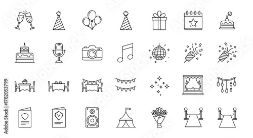 A meticulously curated collection of minimalist line icons representing various elements of event planning and celebration, including festive decorations, party essentials, and celebratory symbols