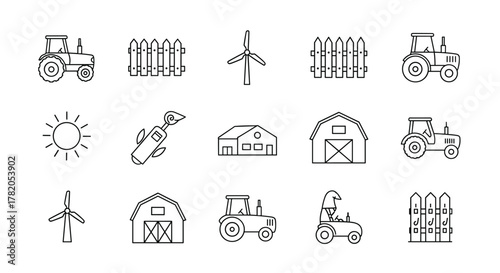 Agriculture outline simple icons bundle, containing icons of tractor, fence, farm, energy, sun, and wind turbine, that can be used for design of cards, posts, apps, and websites, representing rural