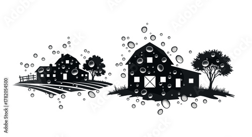 Black silhouettes of rural farmhouses and a barn with trees and water drops, set against a white background, evoking themes of agriculture, nature, and freshness, perfect for design projects.