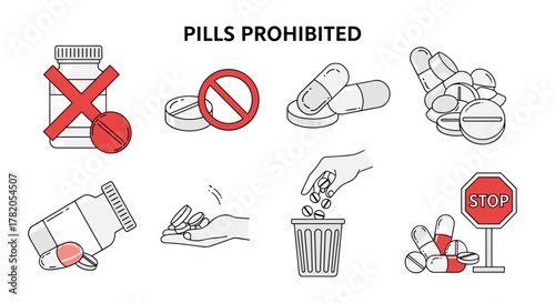 Collection of line icons illustrating the prohibition of pills and medications, including a bottle with a red cross, a no-entry sign over pills, capsules, a pile of tablets, a hand discarding pills