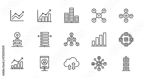 Scalability and scalable system line art vector icons for apps and websites, representing data growth, network connections, cloud storage, and user profiles. This ordered set of clean line icons on a