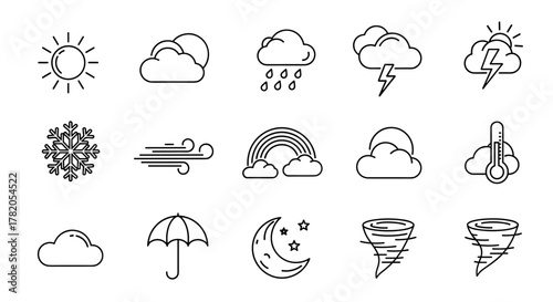 A comprehensive set of weather-related line icons, featuring clear outline signs for rain, sun, clouds, lightning, snowflake, wind, rainbow, moon, stars, thermometer, and tornadoes, perfect for