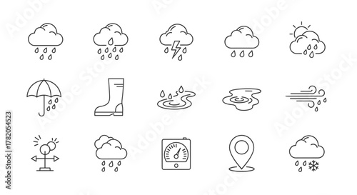 Collection of minimalistic thin line icons representing various weather conditions including rain, thunderstorms, sunny intervals, wind, puddles, snow, and weather forecast tools like a thermometer