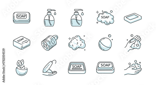 A collection of minimalistic linear icons representing soap and hygiene, including bars of soap, liquid soap dispensers, lathering hands, and bubbles, perfect for web design, app interfaces, social