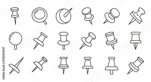 Collection of simple linear outline vector icons representing push pins and a magnifying glass, perfect for school and office use, editable stroke, suitable for websites, books, cards, and apps