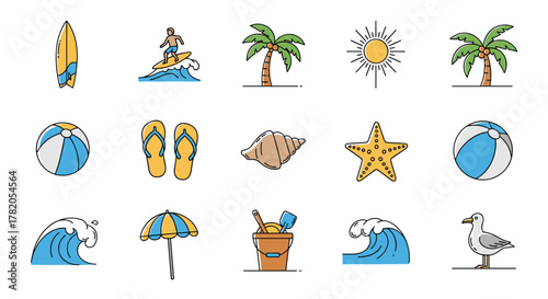 Collection of vibrant, flat-design vector icons representing summer beach activities and elements, including a surfboard, surfer on a wave, palm trees, sun, beach ball, flip-flops, seashell