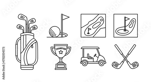 Collection of thin black outline vector symbols representing golf equipment and elements: a golf bag filled with clubs, a golf ball near a hole with a flag, a detailed course map, a golf hole with a