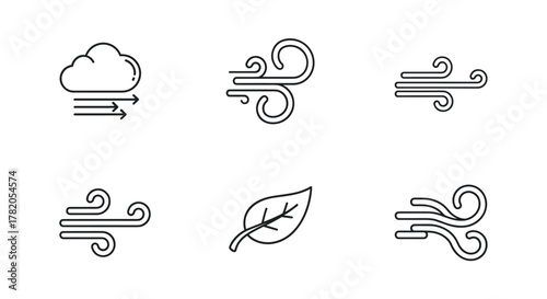 Collection of six line art icons representing wind and air flow, including a cloud with directional arrows, various swirling wind symbols, and a single leaf indicating a gentle breeze, all isolated