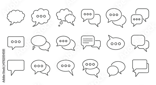 Collection of diverse speech bubble icons in outline style, representing conversation, dialogue, and communication. Includes various shapes like rounded, rectangular, and cloud-like bubbles with