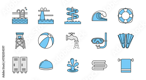 Vibrant collection of water park and aquapark icons, featuring swimming pool elements, diving gear, and recreational accessories. This outline icon set includes signs for graphic and web design