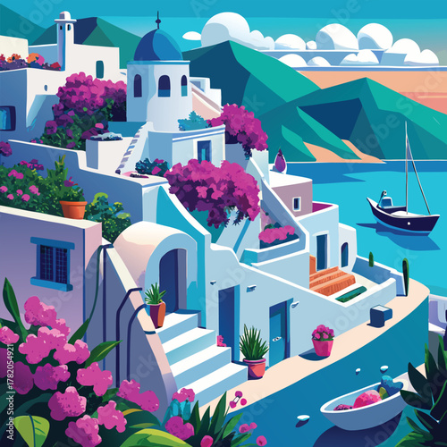 Mediterranean Coastal Village with Bougainvillea and Blue Sea