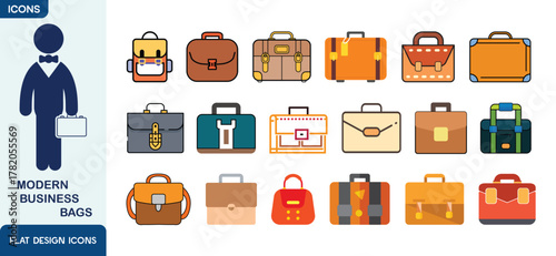 Modern Business Bags Icon Set | Flat Design Office Bag Illustrations