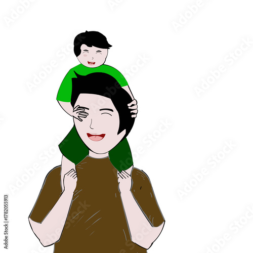 A father carries his child on his shoulders, smiling happily.