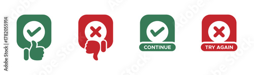 Continue and try again vector buttons set. Thumb up and thumb down icon. Yes and no sign