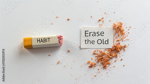 Eraser erasing the habit labeled block and crumbling to pieces