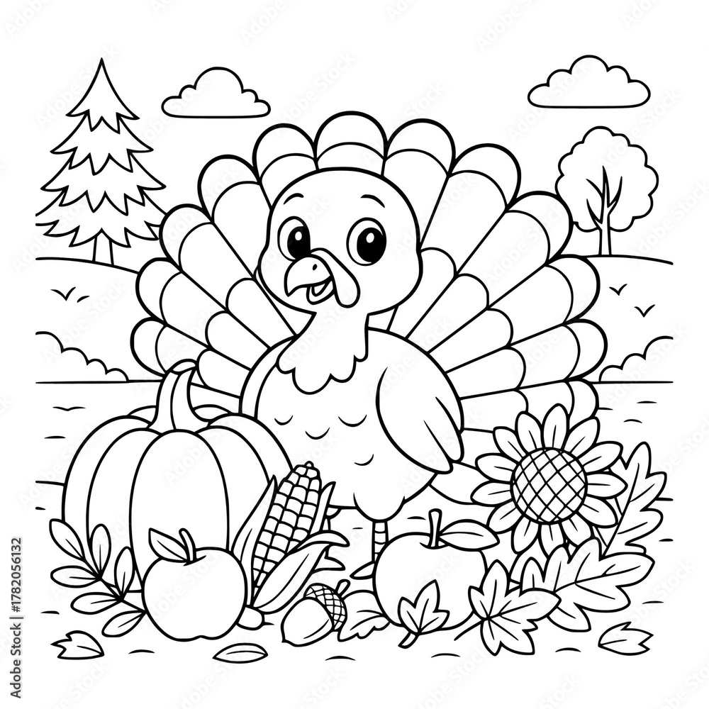 Fototapeta premium Fun Thanksgiving coloring pages for kids in grades 1–3! Features cute turkeys, food, and festive fall scenes. Perfect for classroom worksheets, homeschool, and autumn craft activities.