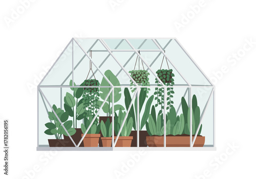 Greenhouse with Various Plants and Hanging Baskets.