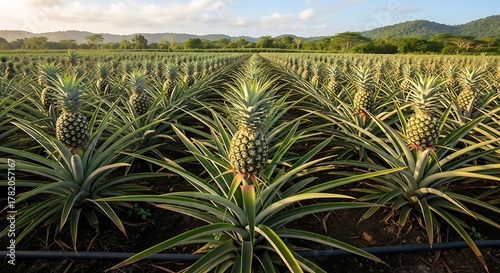 Pineapple Plantation Field with Rows of Growing Pineapples Under a Bright Sky.