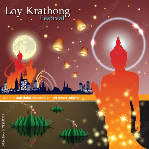 Loy-Krathong Festival banner template background. Celebration of Thailand Culture for the worship of The Lord Buddha in The Super Fullmoon Night and The Ultimate Marketing Promotion Campaign.