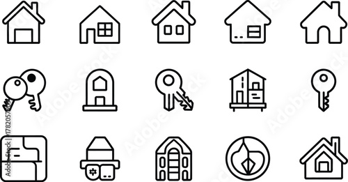 Collection of simple outline icons representing houses keys and security elements for real estate and home services