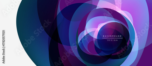 Abstract geometric shapes overlap, creating vibrant purple, blue gradients. Modern design suggests depth, movement, energy. Minimalist style.