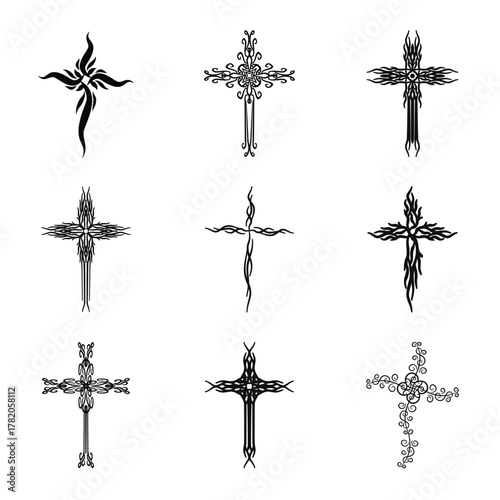 Christian cross vector icon symbols.  Abstract christian religious belief or faith art illustration for orthodox or catholic design. The symbol of the cross in various designs used in tattoo.