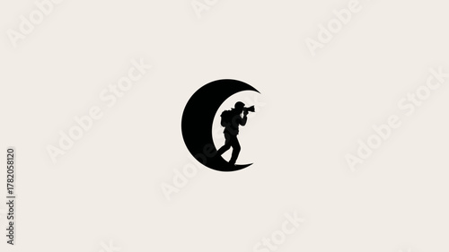Minimalist photographer silhouette on a crescent moon icon. Creative exploration, night photography, astronomy, dream, and adventure concept.