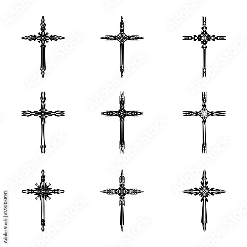 Christian cross vector icon symbols.  Abstract christian religious belief or faith art illustration for orthodox or catholic design. The symbol of the cross in various designs used in tattoo.