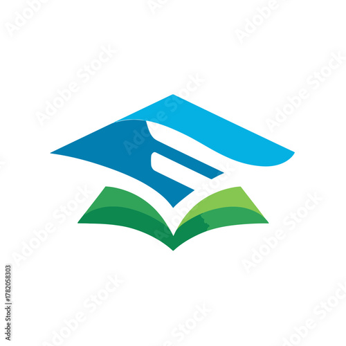 Stylized graduation cap and open book logo design, symbolizing education, knowledge, learning, university, and academic achievement.