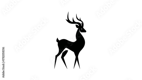 Elegant Black Deer Silhouette with Large Antlers on a White Background, Minimalist Animal Design, Wild Nature Concept