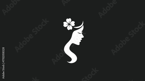 Elegant woman silhouette with flower in hair, profile view, minimalist vector graphic, feminine beauty illustration