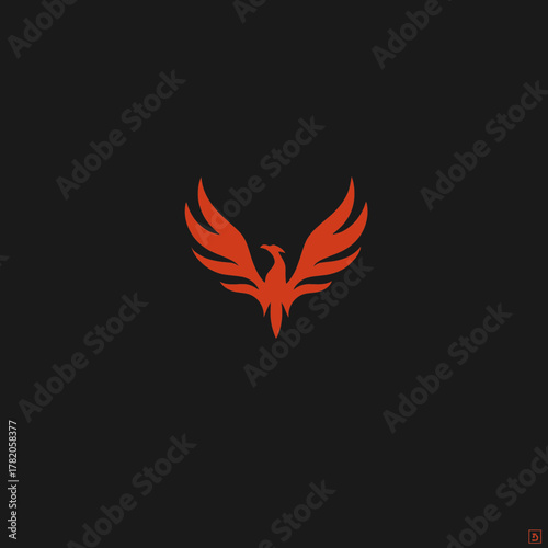 Abstract red phoenix bird with spread wings, a powerful and minimalist icon or logo design against a dark grey background.