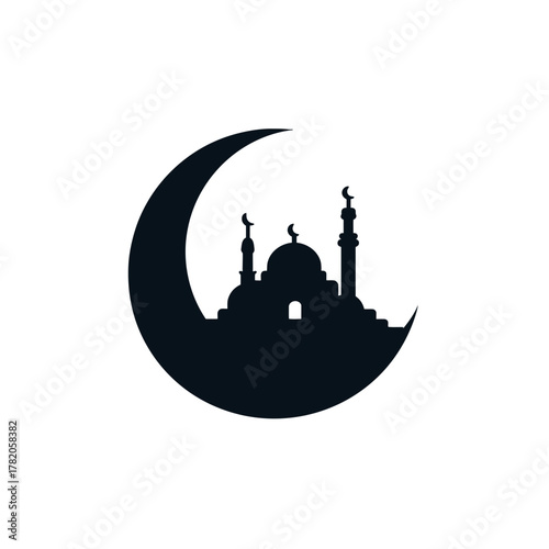 Mosque silhouette with crescent moon, Islamic religion symbol. Muslim culture, Ramadan, and Eid al-Fitr design element.