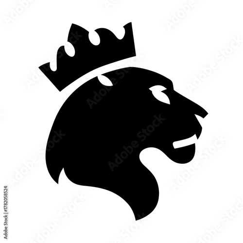 Majestic black lion head silhouette with royal crown icon, symbolizing strength, power, leadership, and nobility