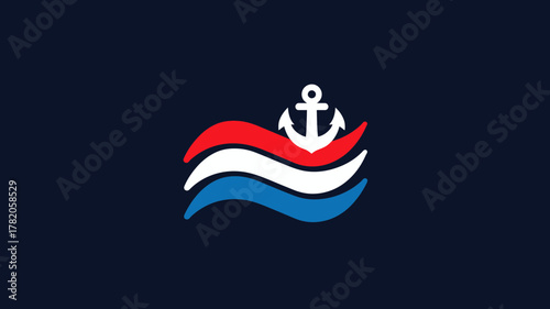 Stylized nautical anchor icon on abstract red, white, and blue wavy stripes, symbolizing maritime travel, ocean voyages, and marine adventure.