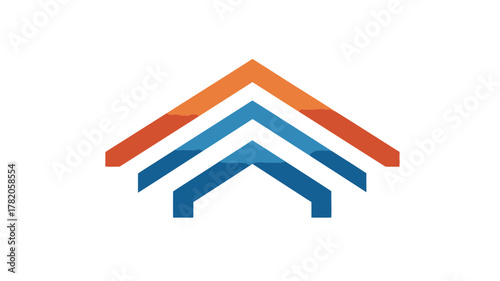 Abstract layered house roof symbol with upward arrows in orange and blue, representing growth, construction, and property development.