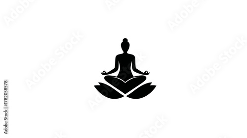 Black silhouette of person meditating in lotus position on a lotus flower icon. Yoga, mindfulness, wellness, and spiritual peace concept.