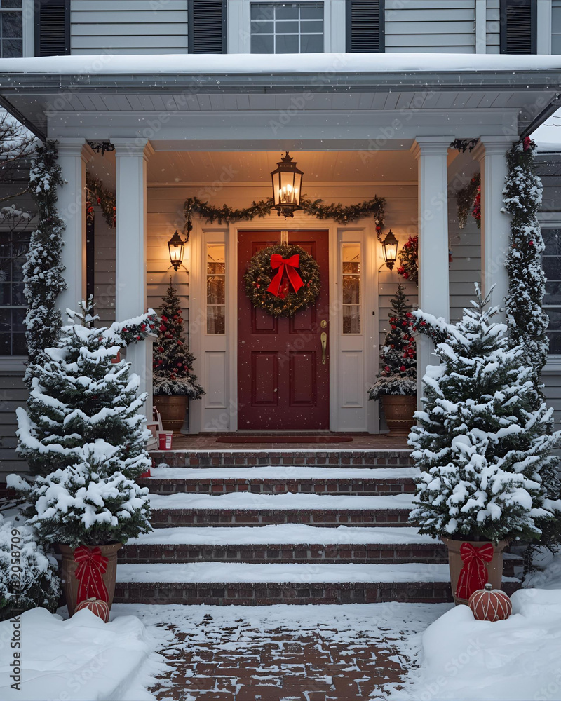 Fototapeta premium christmas doorstep scene, festive entry decor, outdoor christmas ornaments, porch holiday photo, winter cozy entrance, holiday red ribbons, white christmas theme, front door holiday accents, snowy sea