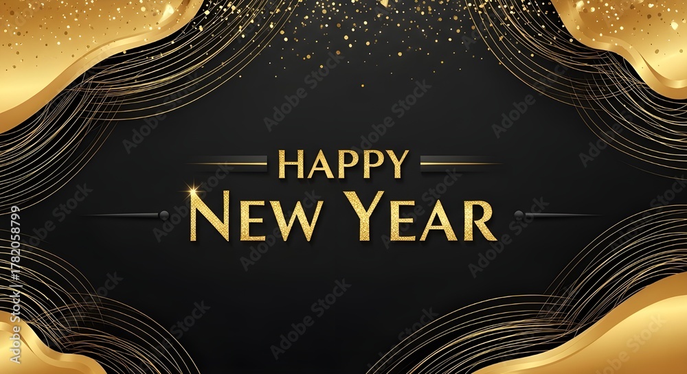 Obraz premium Luxurious happy new year background with golden glitter waves on black, ideal for festive greetings and elegant holiday season designs