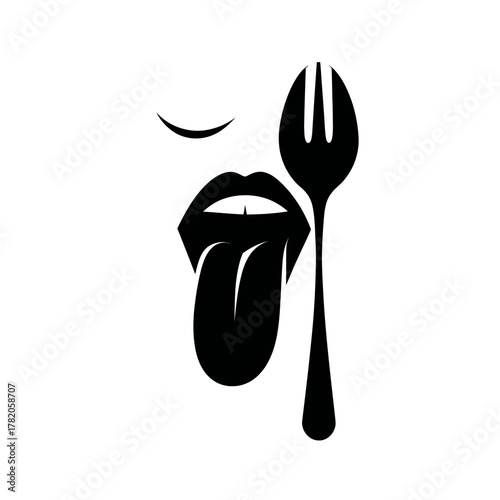 Stylized abstract vector of sensual lips with tongue licking and a fork, symbolizing taste, appetite, craving, and culinary desire.