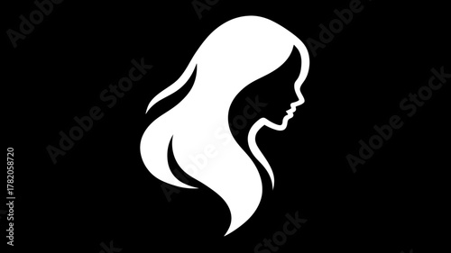 Elegant White Female Profile Silhouette with Flowing Hair on Black Background - Minimalist Beauty Graphic