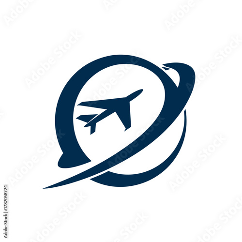 Abstract blue airplane flying around a stylized global orbit icon logo concept for travel, aviation, and worldwide logistics