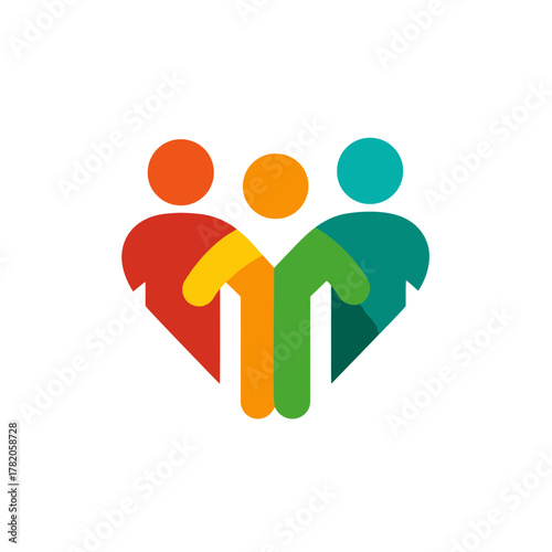Colorful people united in a heart shape icon. Modern graphic representing community, teamwork, support, care, and collaboration.